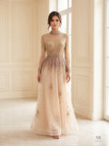 Sahar champagne ombre beaded illusion a-line evening gown by Areen Row