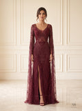 Salome burgundy beaded cape-sleeve column evening gown by Areen Row