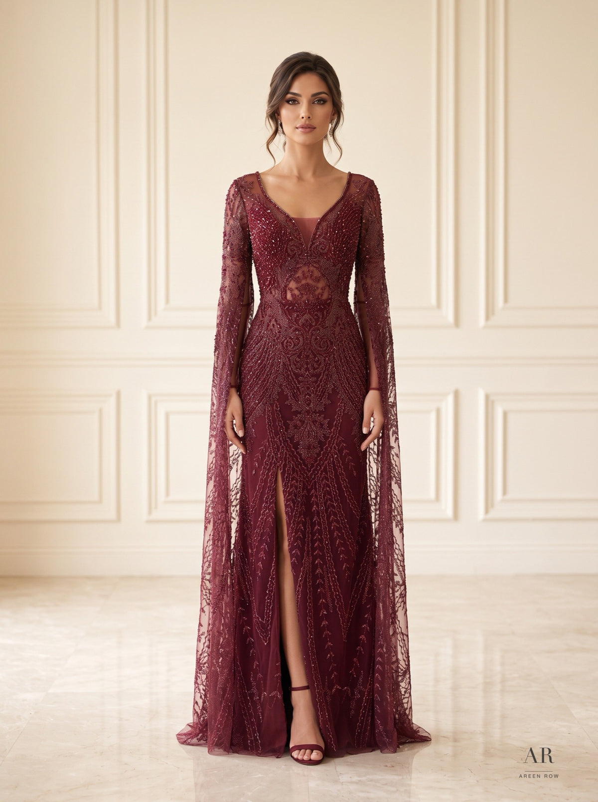 Salome burgundy beaded cape-sleeve column evening gown by Areen Row