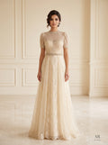 Sanaa champagne beaded illusion puff-sleeve a-line evening gown by Areen Row