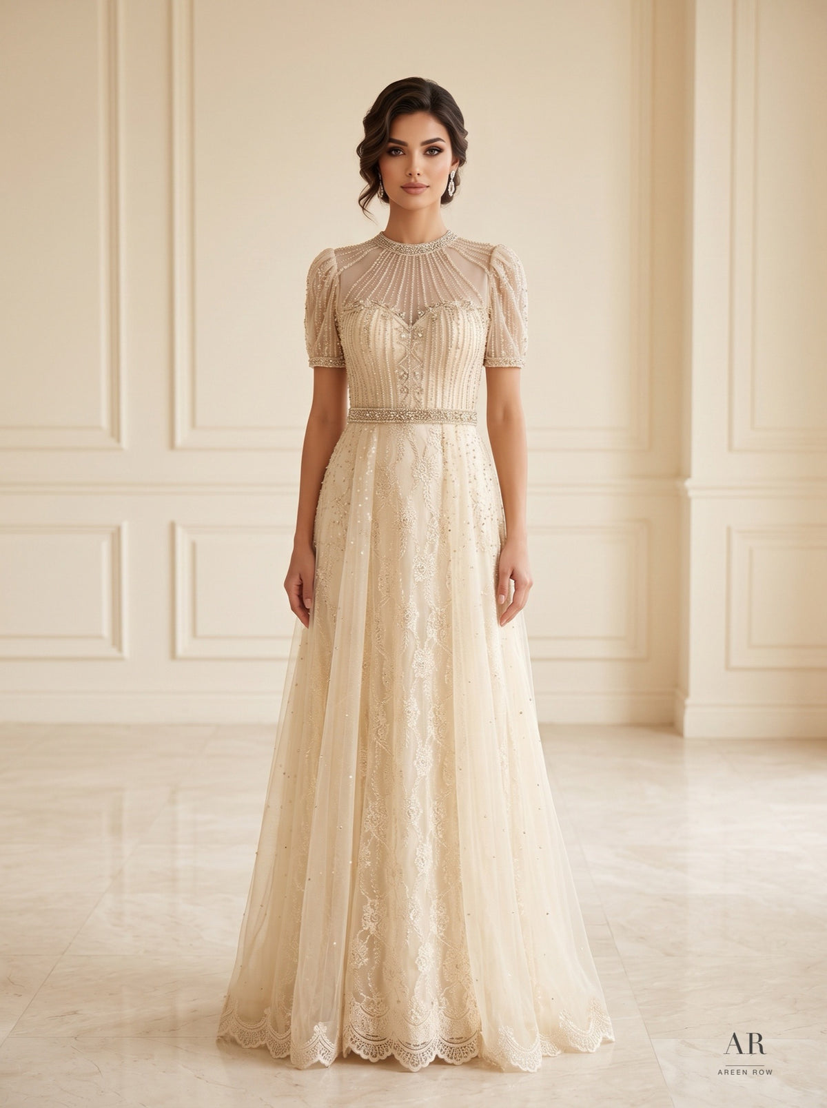 Sanaa champagne beaded illusion puff-sleeve a-line evening gown by Areen Row