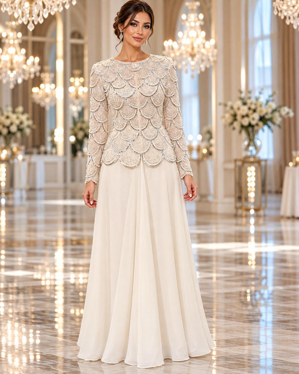 Seraphine Set ivory/blush scallop sequin top & ivory maxi skirt two-piece gown by Areen Row, view 4
