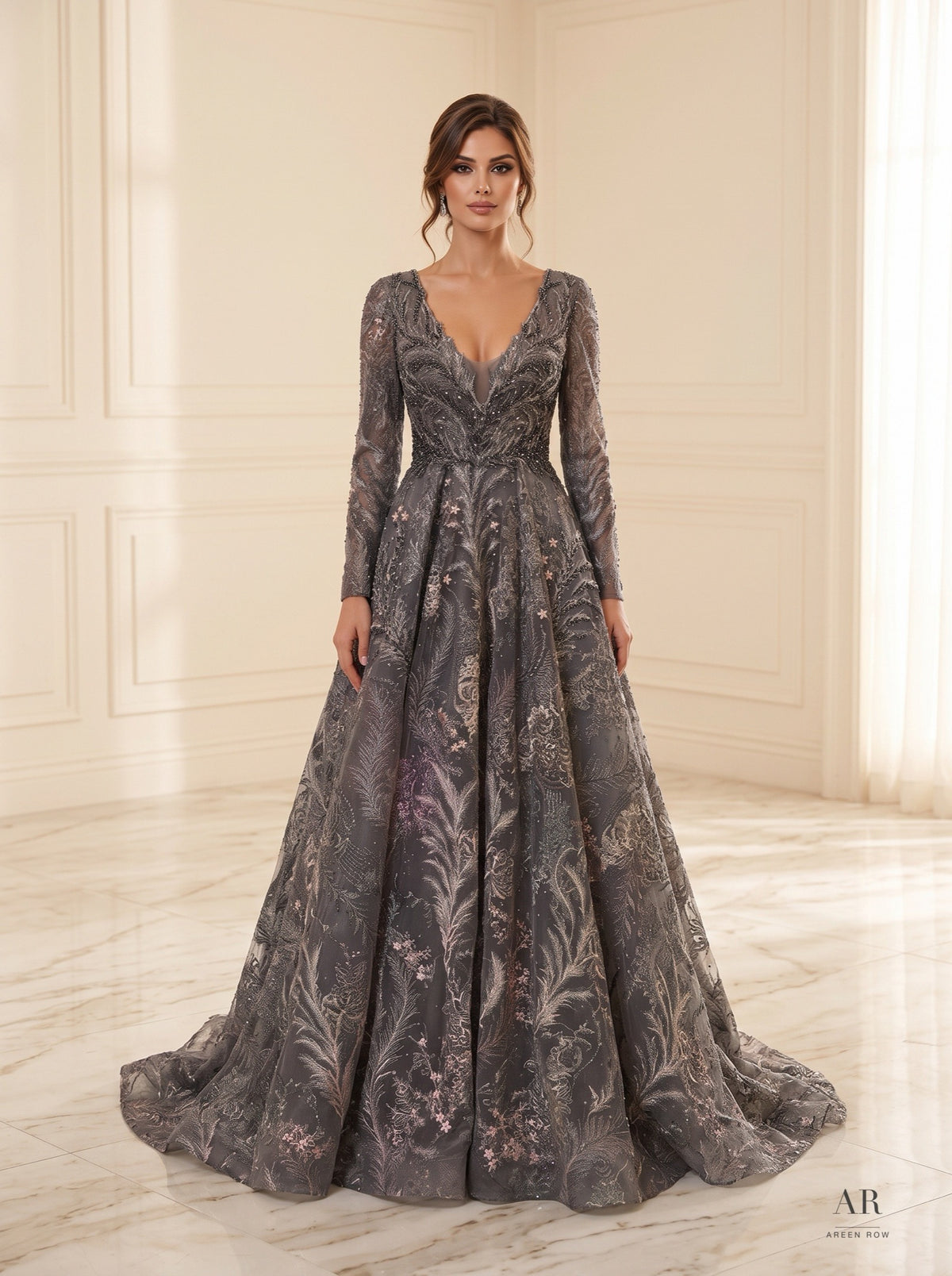 Serena charcoal beaded floral a-line evening gown by Areen Row