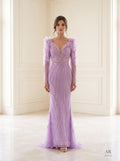 Shirin lavender ruffled shoulder sheath evening gown by Areen Row