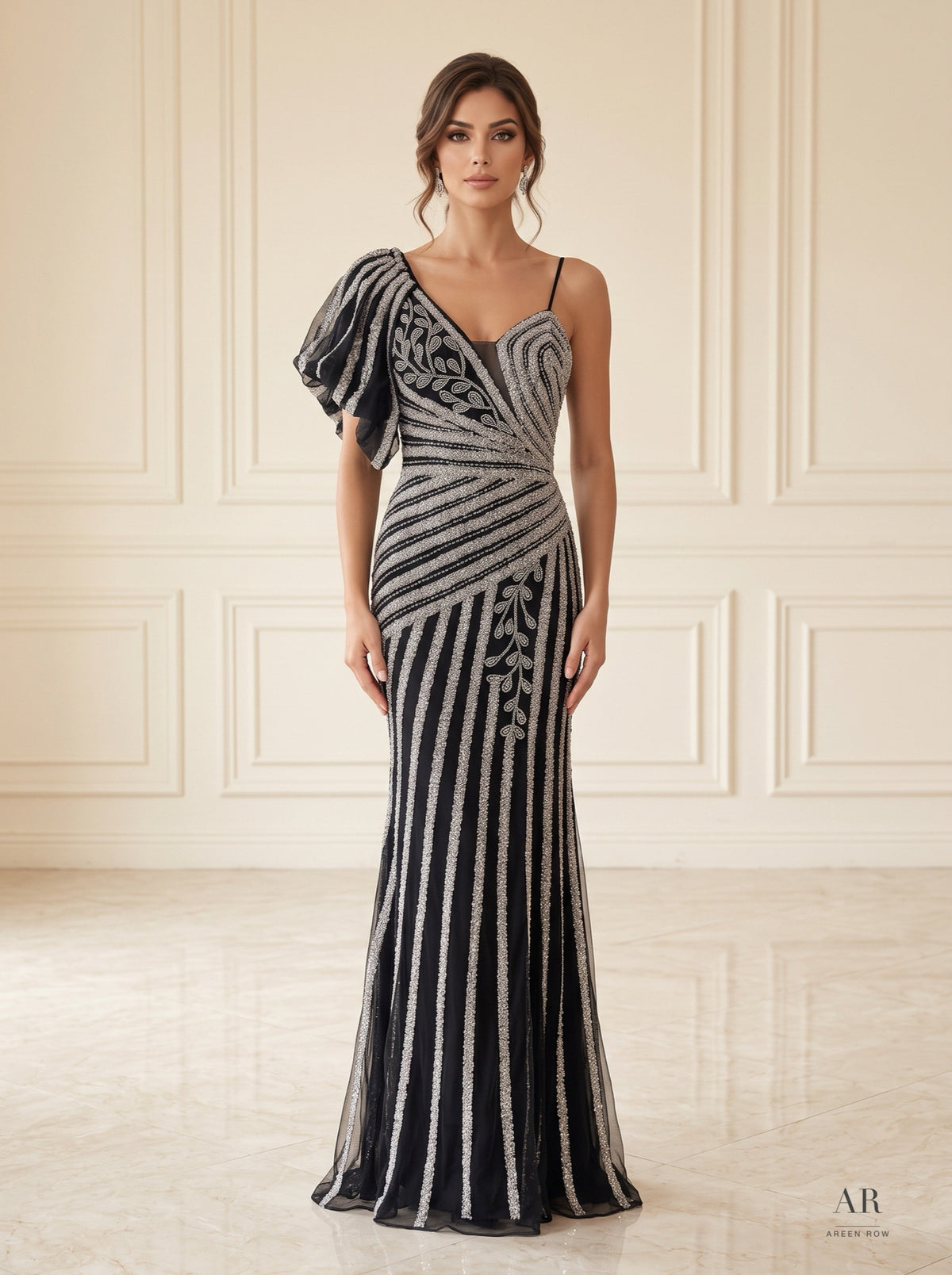 Sienna black striped beaded one-shoulder sheath evening gown by Areen Row