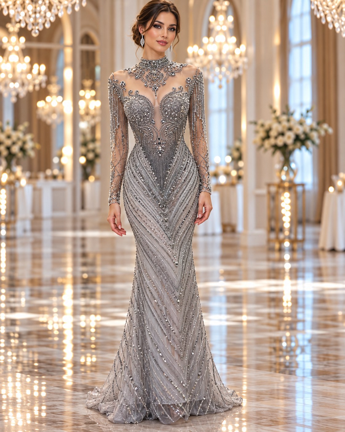 Silvana silver crystal mermaid evening gown by Areen Row