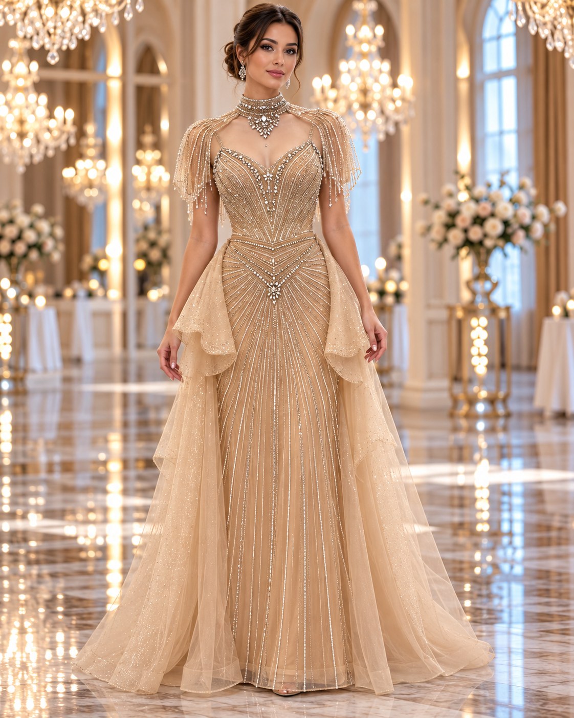 Soleil ruffle-overskirt beaded evening gown by Areen Row, view 4