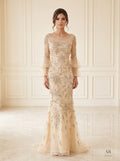 Solene champagne beaded illusion trumpet evening gown by Areen Row
