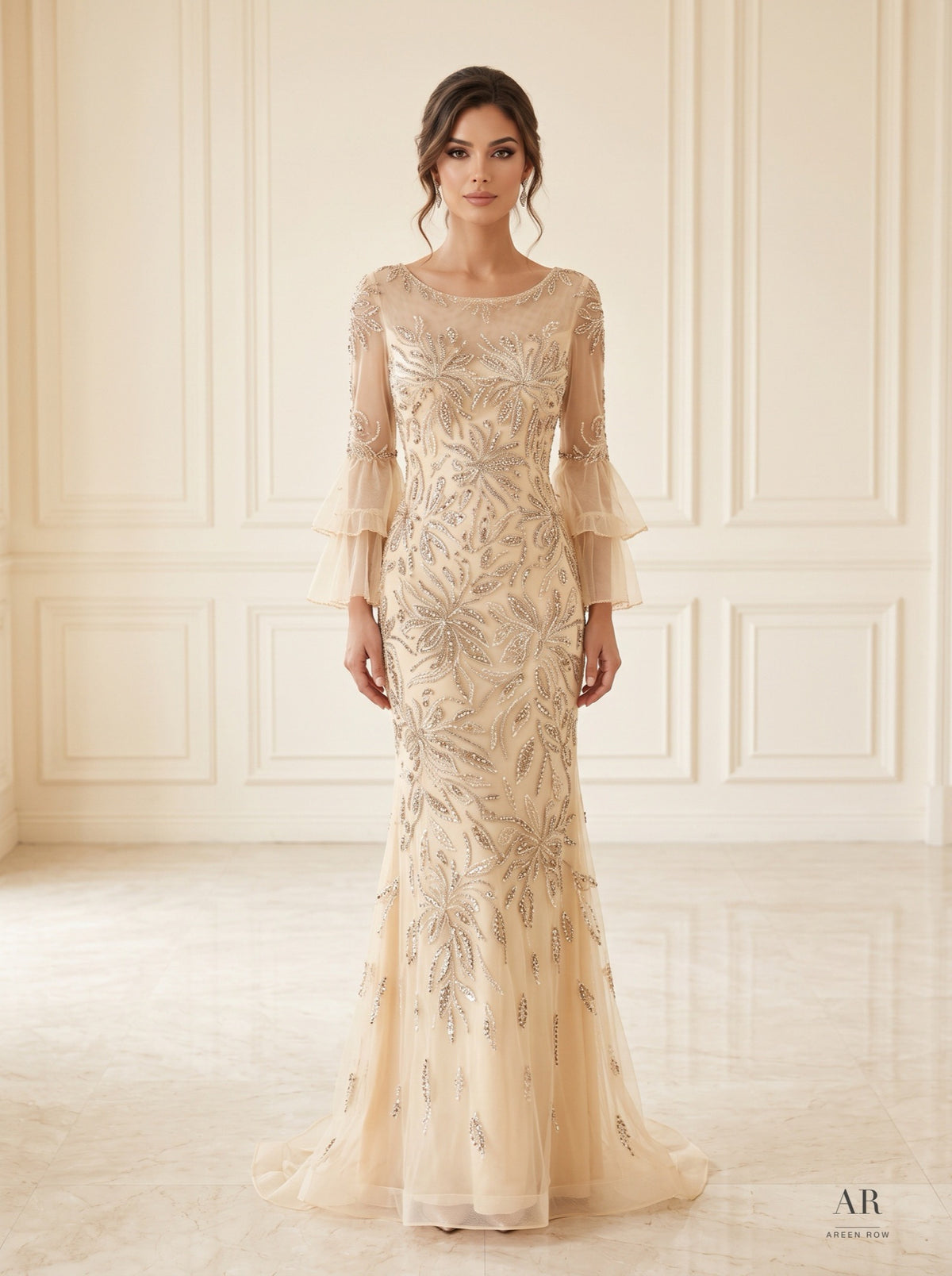 Solene champagne beaded illusion trumpet evening gown by Areen Row