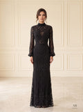Sora black sheer illusion blouson-sleeve column evening gown by Areen Row