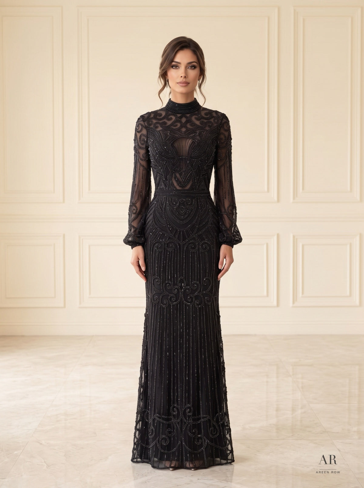 Sora black sheer illusion blouson-sleeve column evening gown by Areen Row