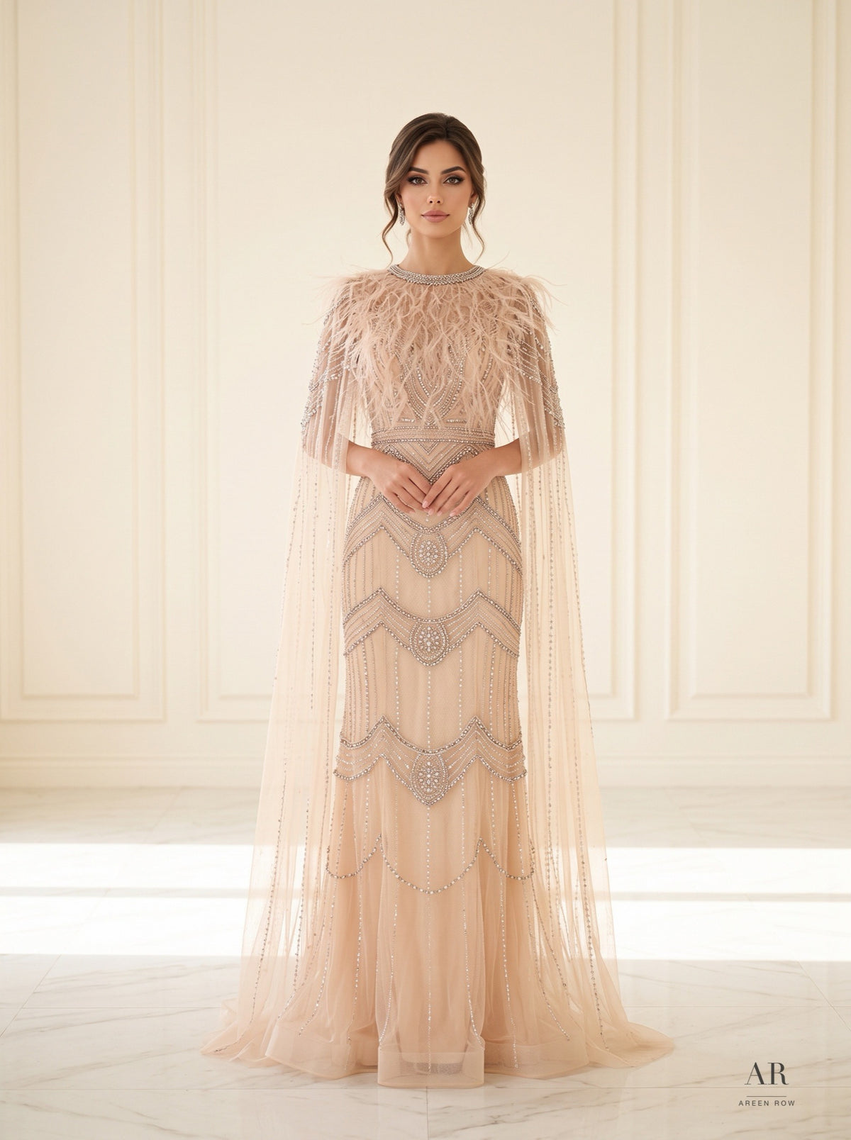 Tamara nude feathered art-deco beaded cape evening gown by Areen Row