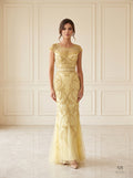 Tamsin yellow ornate beaded tulle trumpet evening gown by Areen Row