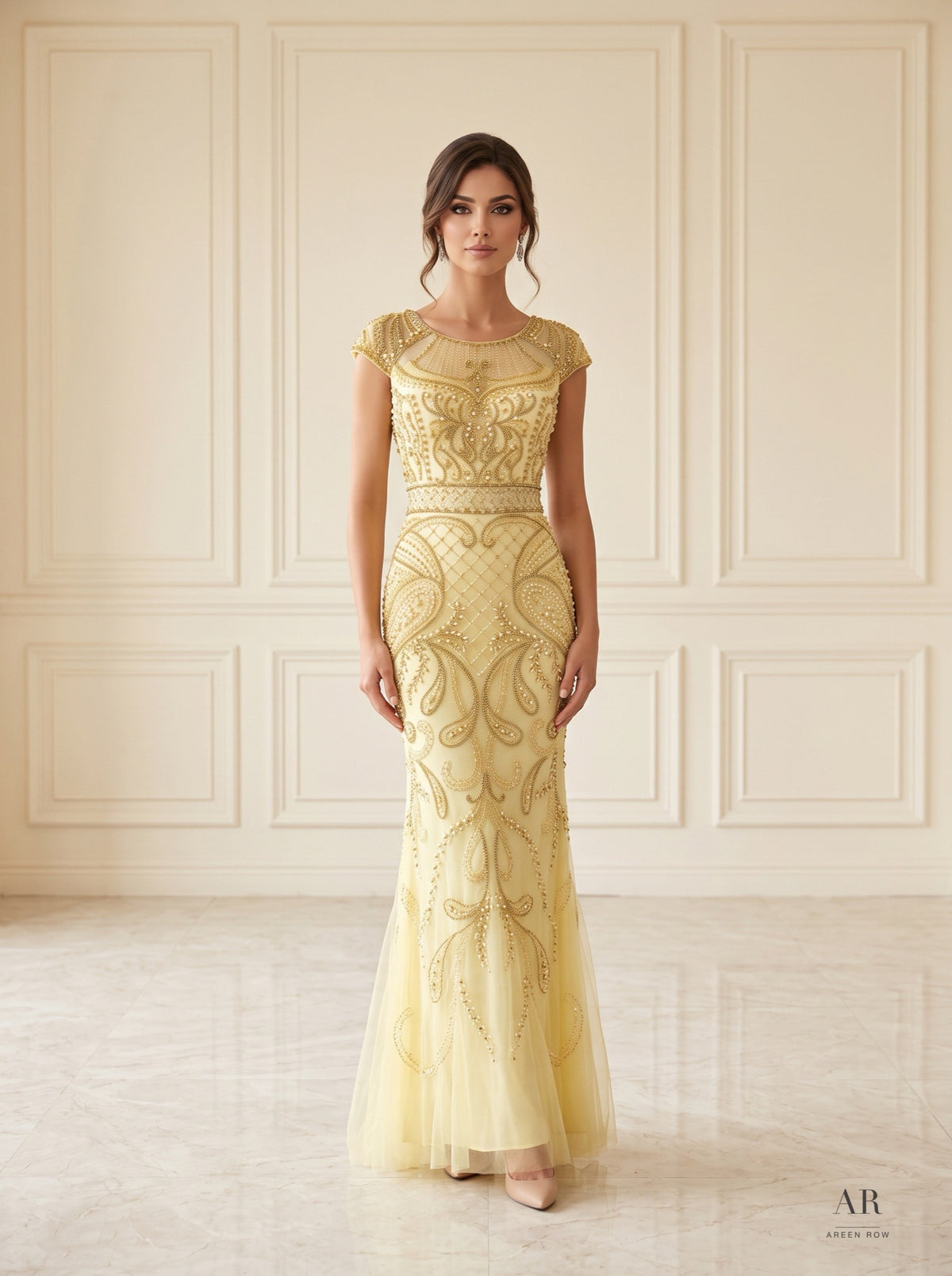 Tamsin yellow ornate beaded tulle trumpet evening gown by Areen Row
