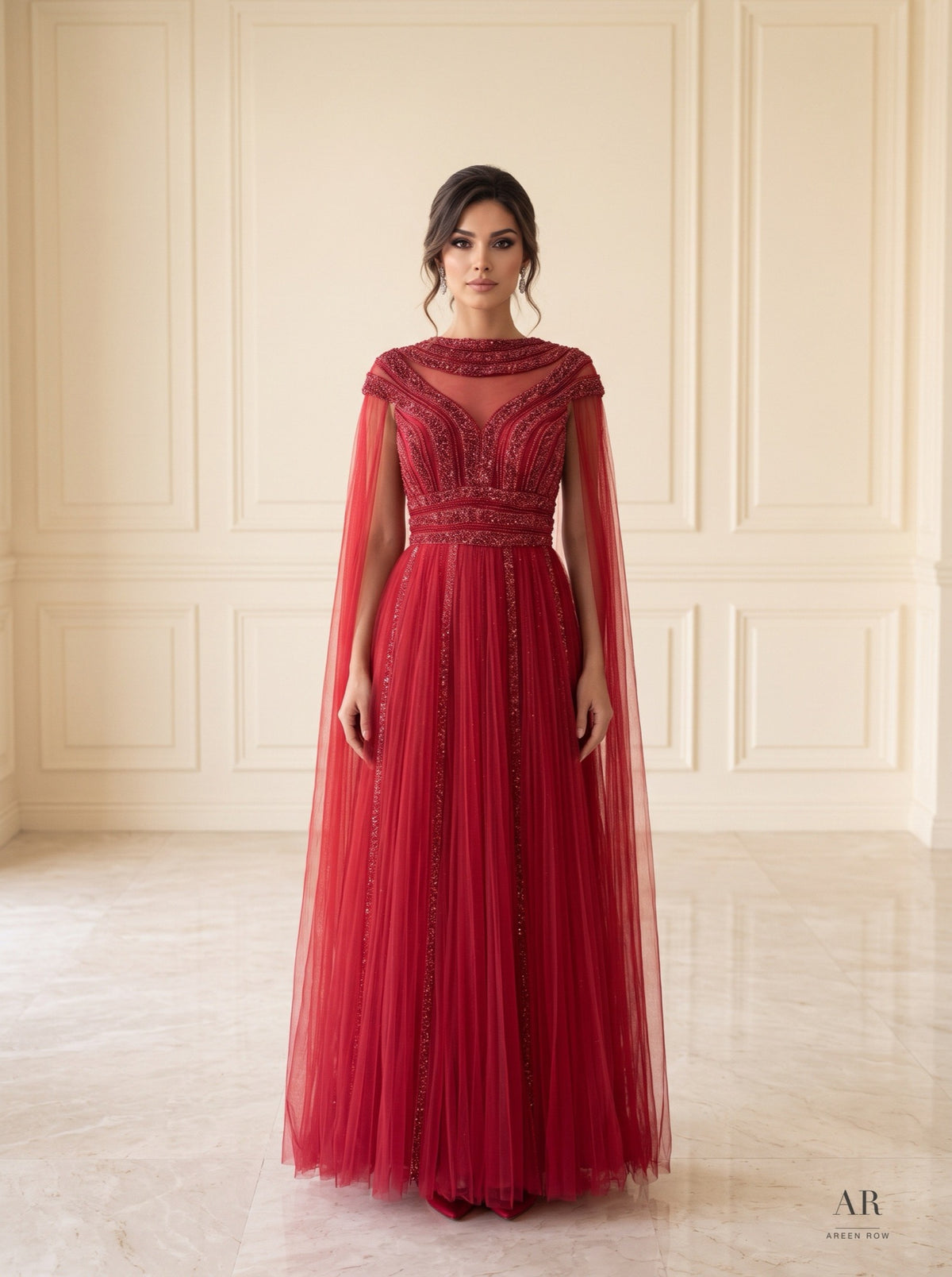 Tessa red beaded tulle cape a-line evening gown by Areen Row