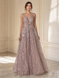Theodora dusty rose illusion neck embroidered ball- evening gown by Areen Row