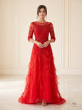 Tiana red beaded illusion feather a-line evening gown by Areen Row