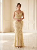 Ursula gold ornate beaded ruffle sheath evening gown by Areen Row