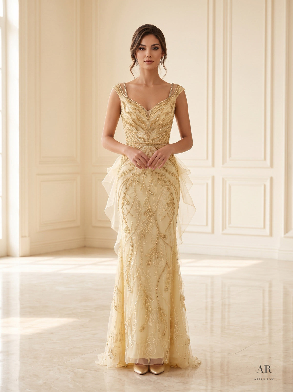 Ursula gold ornate beaded ruffle sheath evening gown by Areen Row