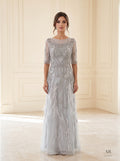 Valentina sky blue feathered beaded tulle a-line evening gown by Areen Row