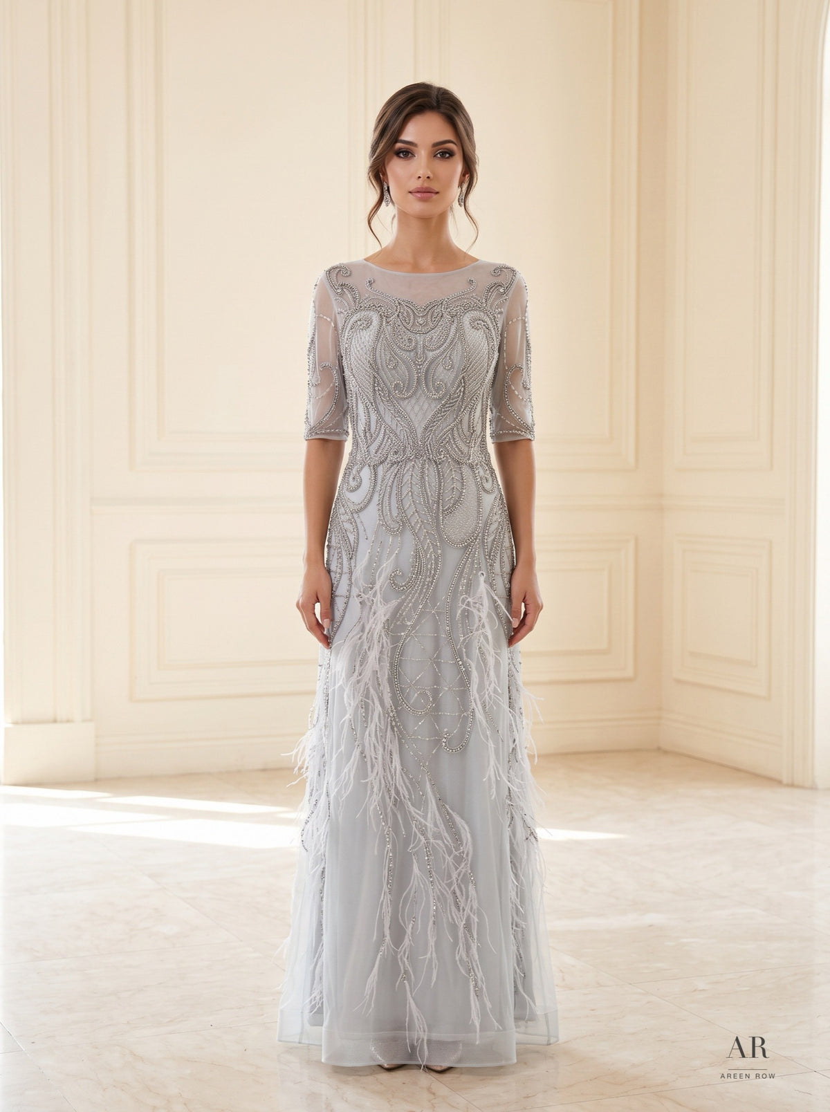 Valentina sky blue feathered beaded tulle a-line evening gown by Areen Row