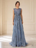 Valeria dusty blue embellished illusion sleeveless a-line evening gown by Areen Row