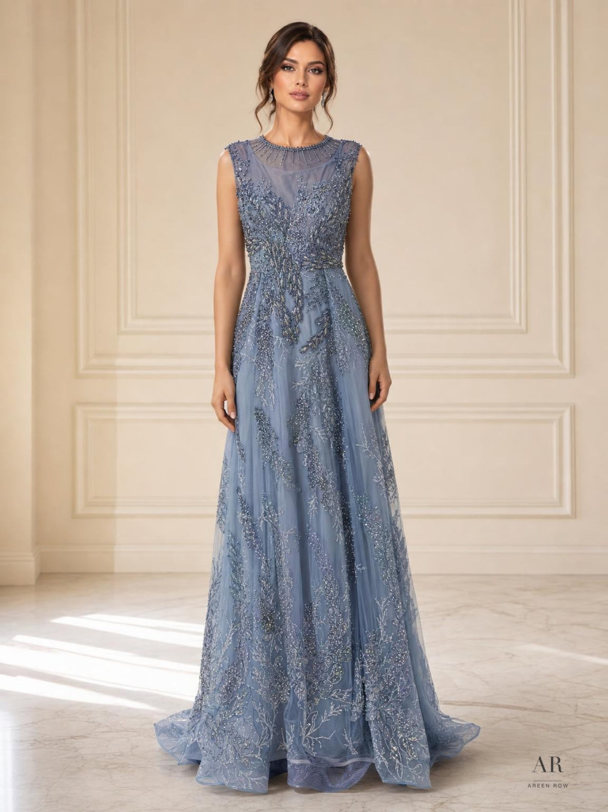 Valeria dusty blue embellished illusion sleeveless a-line evening gown by Areen Row