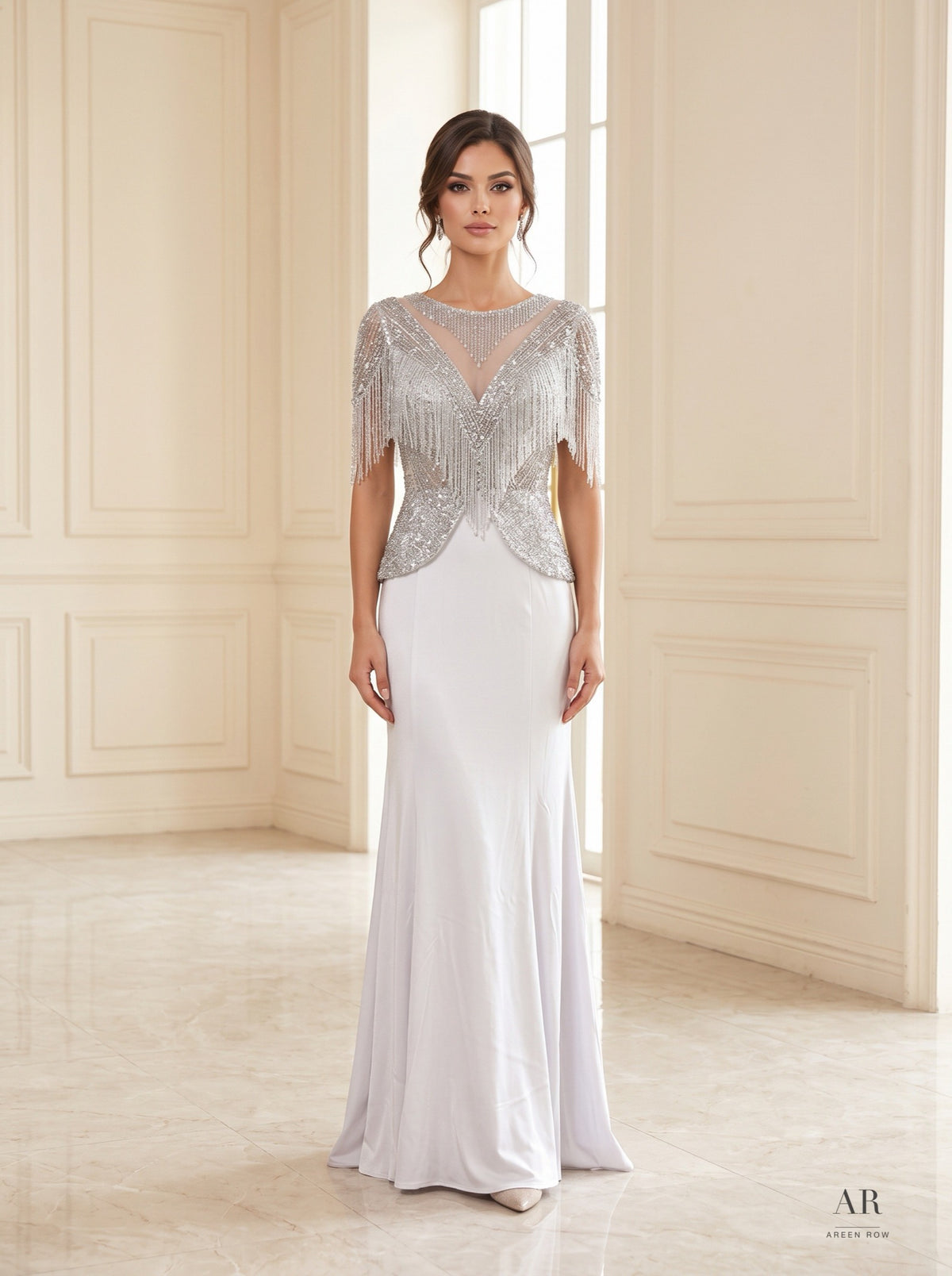Verena silver fringe illusion sheath evening gown by Areen Row