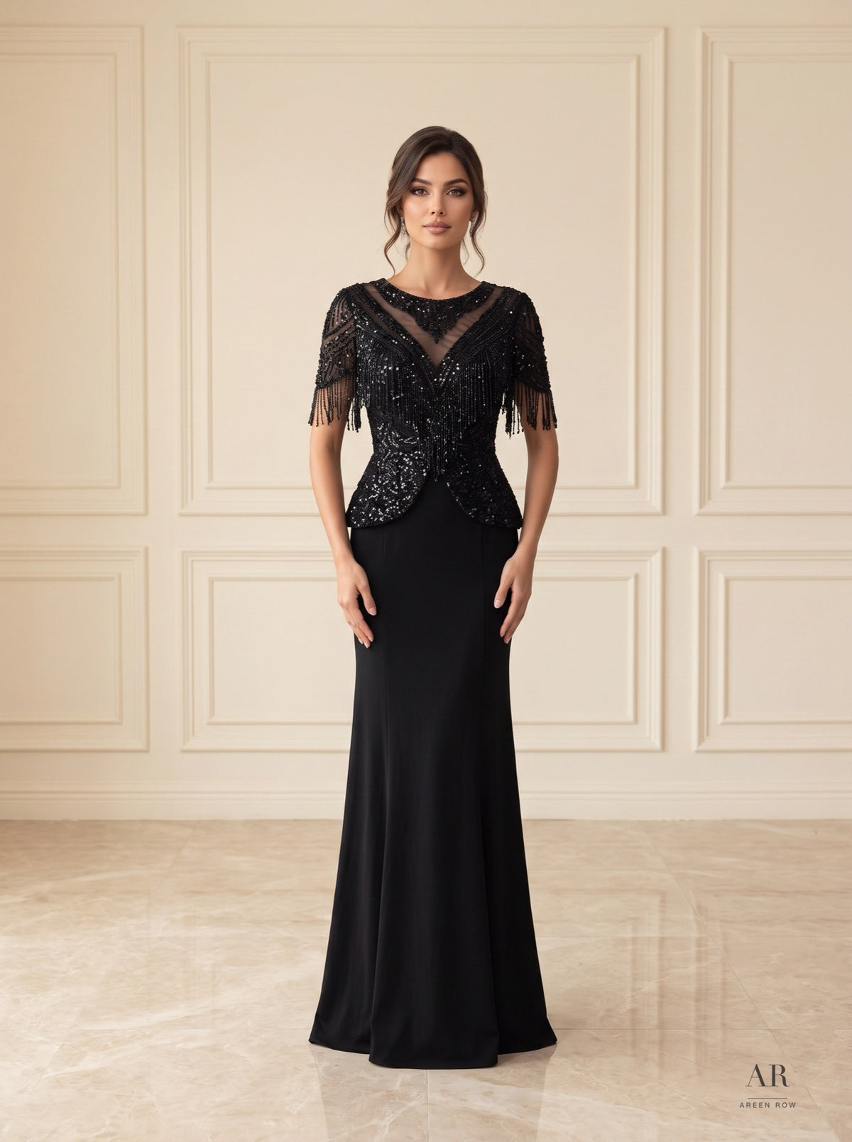 Vesna black fringed sequin peplum sheath evening gown by Areen Row