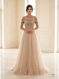 Viola peach embellished cold-shoulder a-line evening gown by Areen Row
