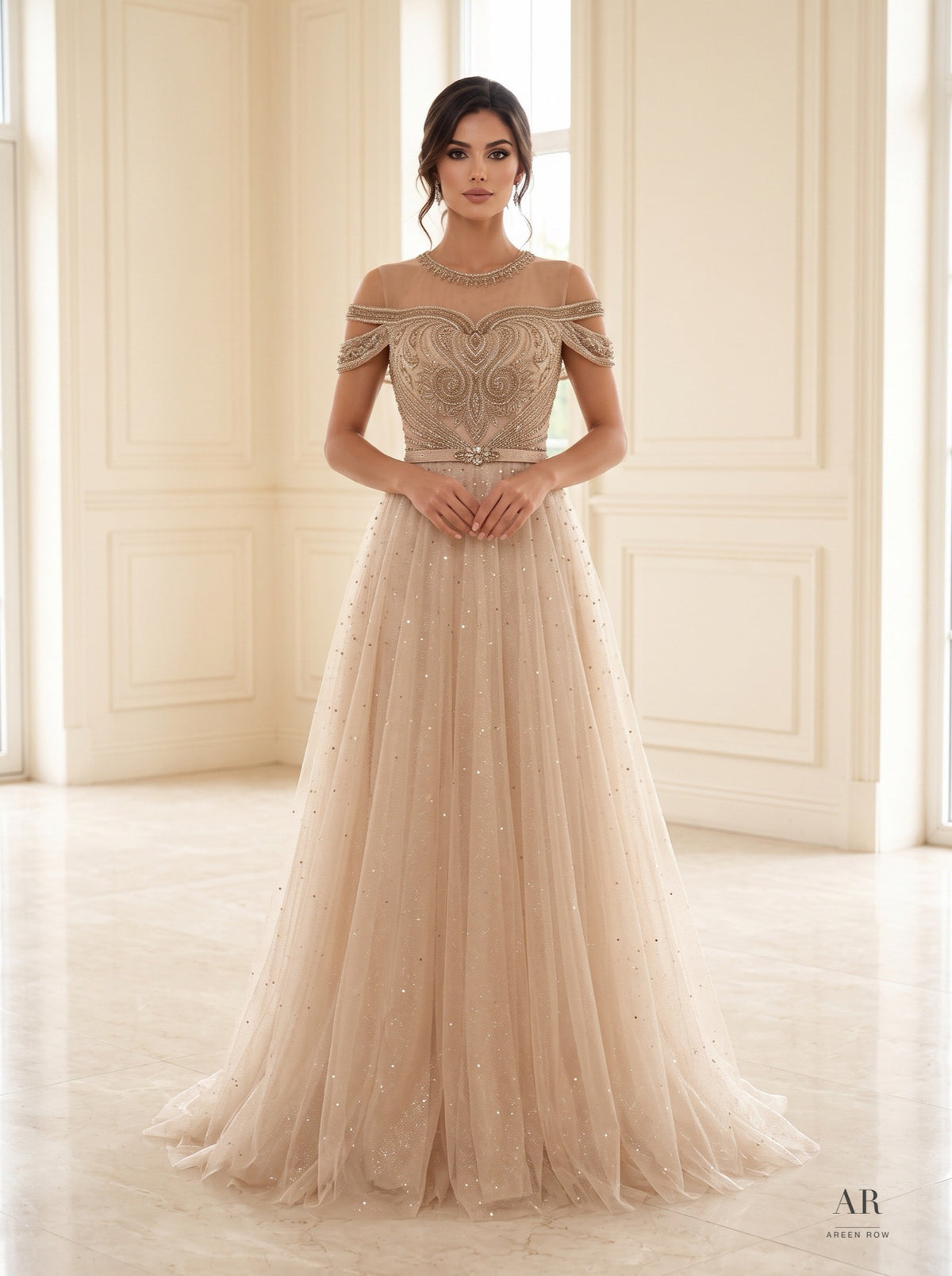 Viola peach embellished cold-shoulder a-line evening gown by Areen Row