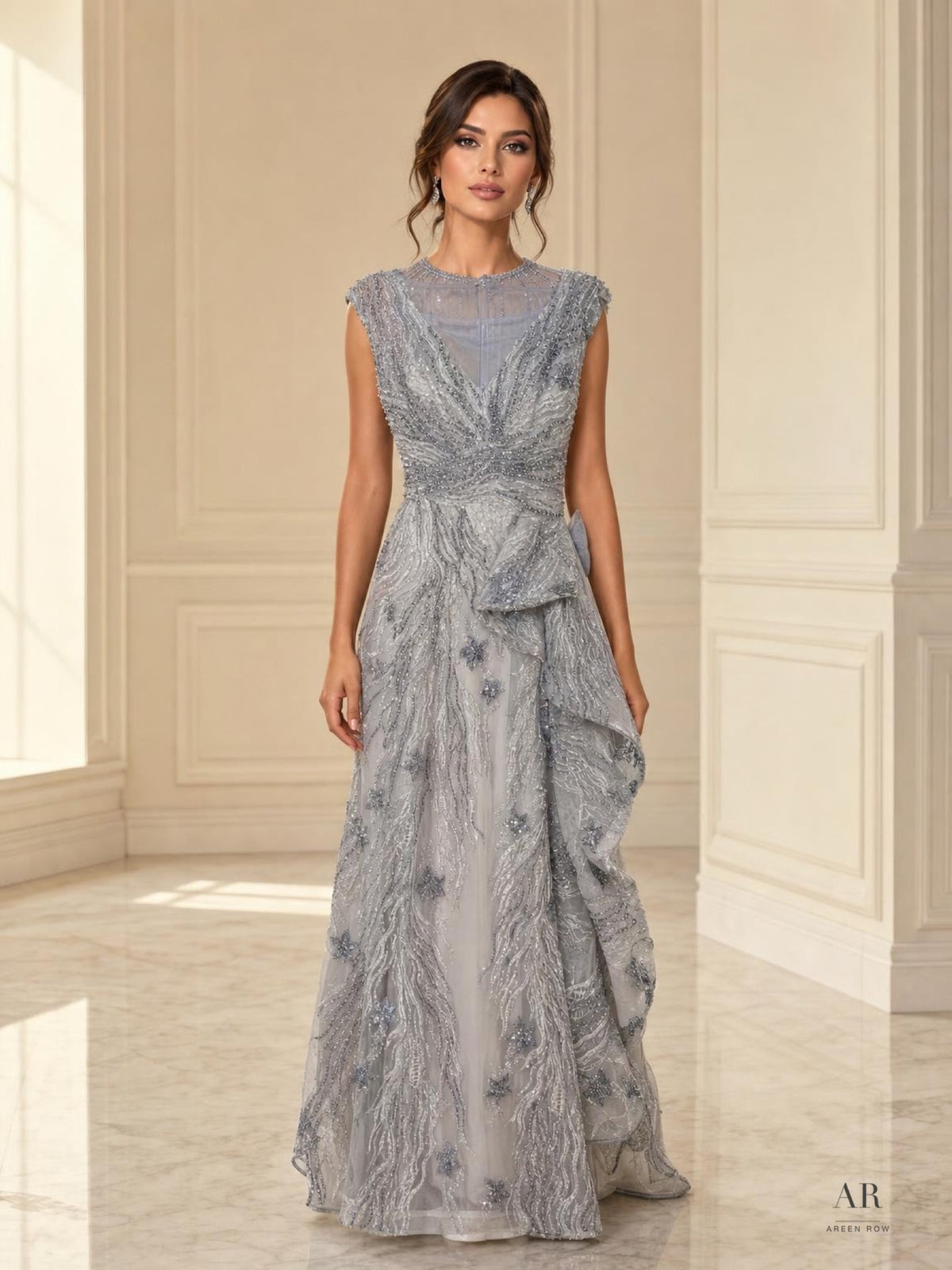 Wilhelmina silver beaded ruffled a-line evening gown by Areen Row