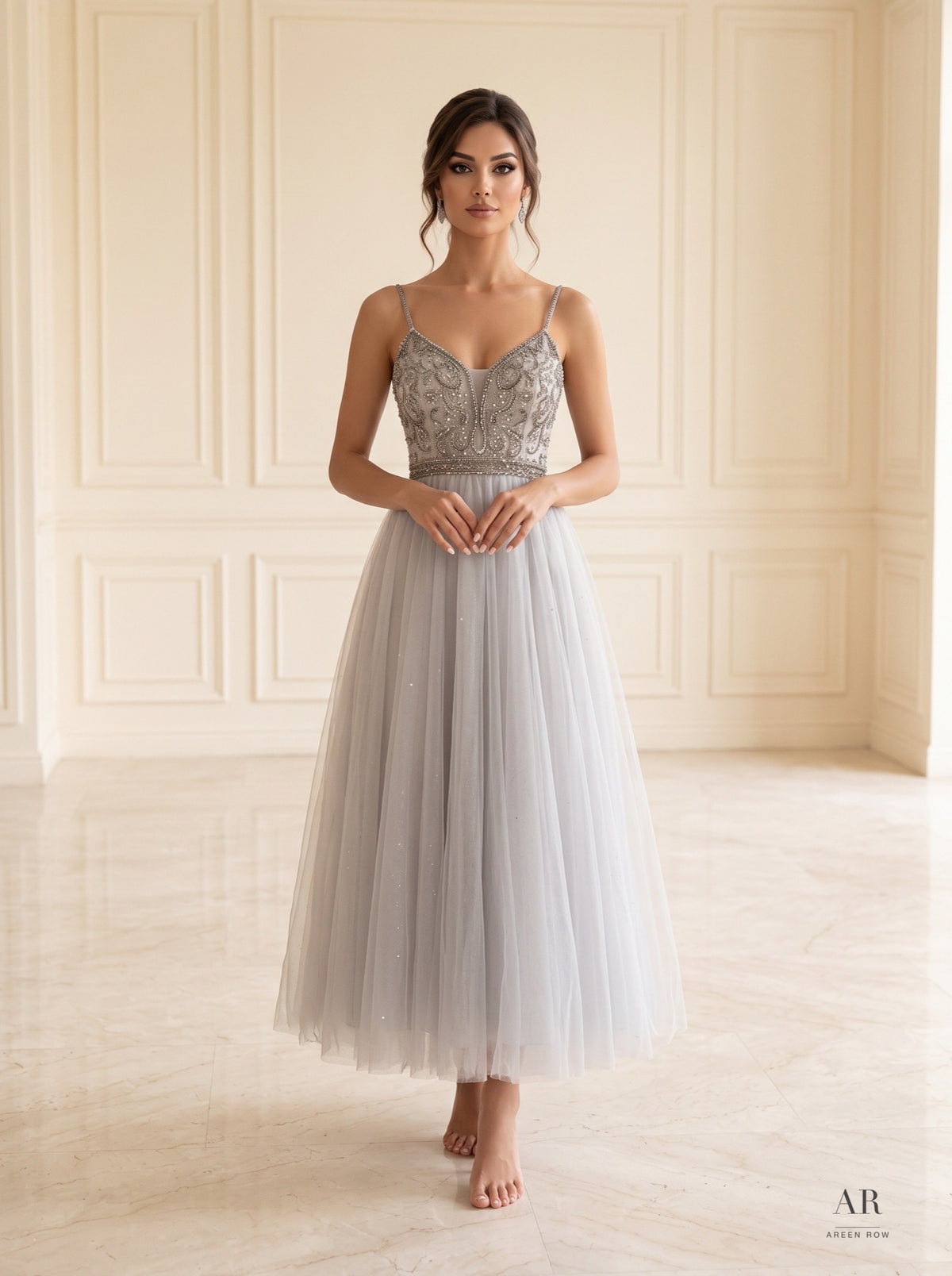 Yara grey beaded sweetheart glitter tulle evening gown by Areen Row