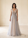 Yasmin sky blue beaded cap-sleeve tulle a-line evening gown by Areen Row