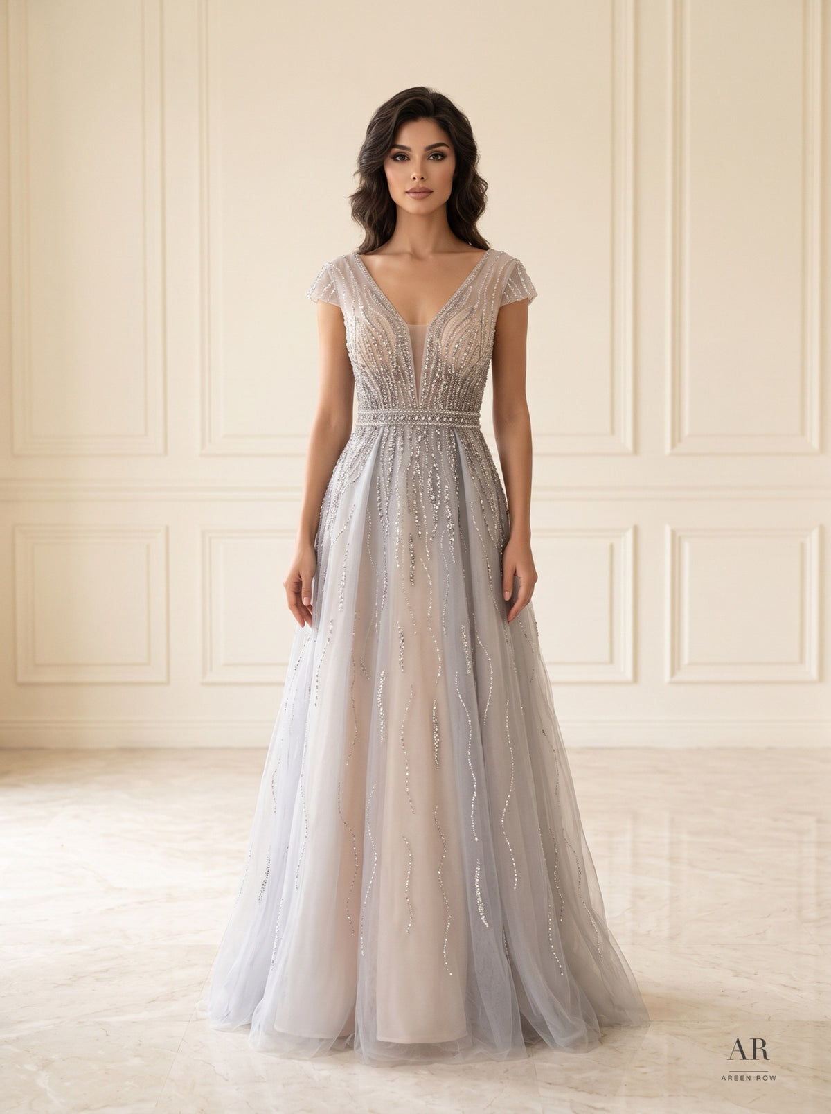 Yasmin sky blue beaded cap-sleeve tulle a-line evening gown by Areen Row