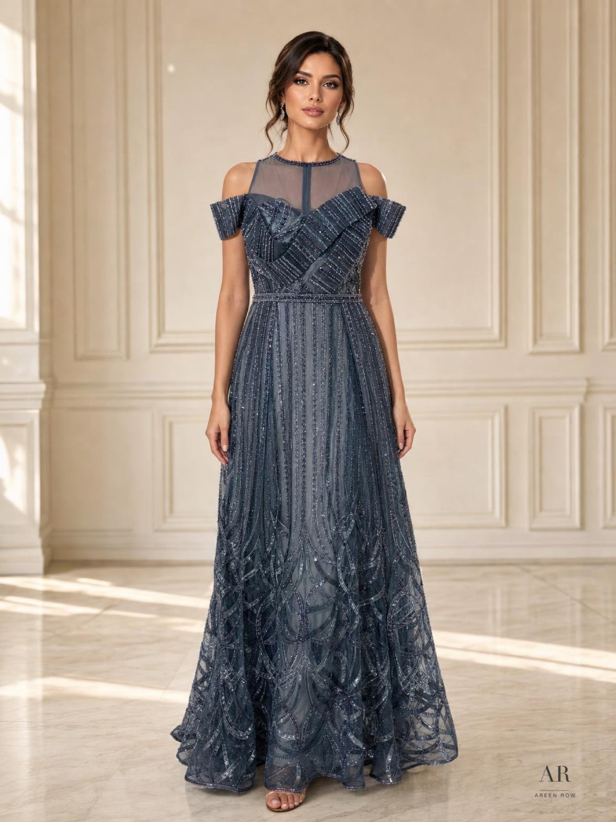 Yolanda charcoal grey charcoal grey beaded illusion cold-shoulder evening gown by Areen Row
