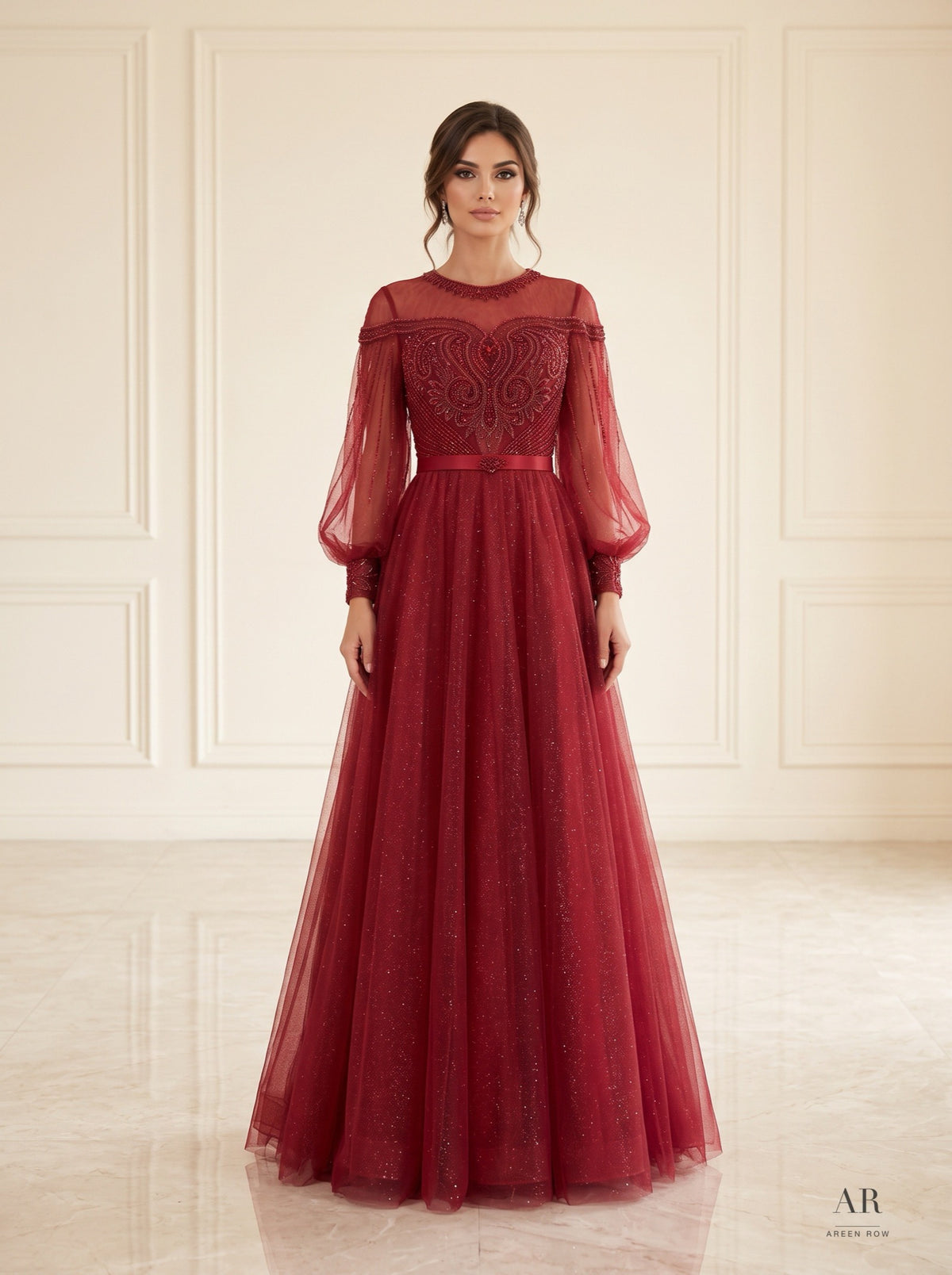 Yvaine as shown embroidered illusion tulle a-line evening gown by Areen Row