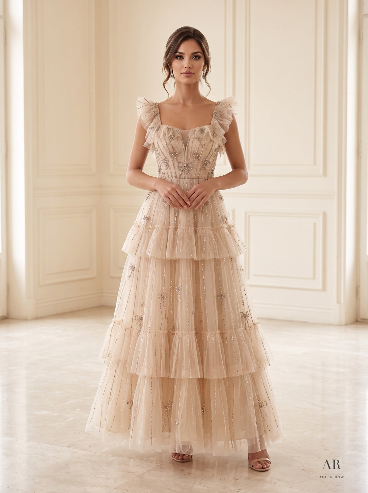 Zahara nude ruffle-strap beaded tiered tulle evening gown by Areen Row