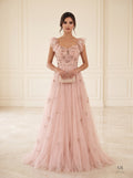 Zara blush flutter-sleeve sweetheart beaded a-line evening gown by Areen Row