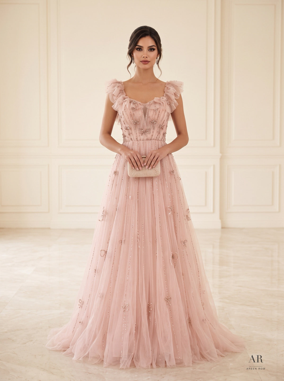 Zara blush flutter-sleeve sweetheart beaded a-line evening gown by Areen Row