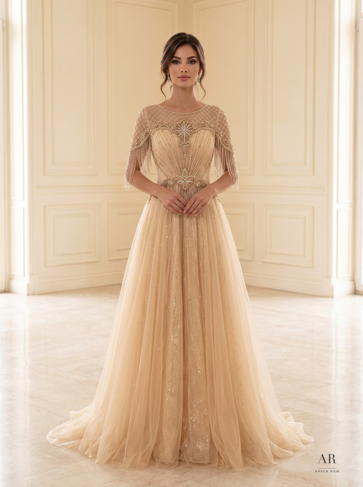 Zelie champagne beaded fringed capelet a-line evening gown by Areen Row