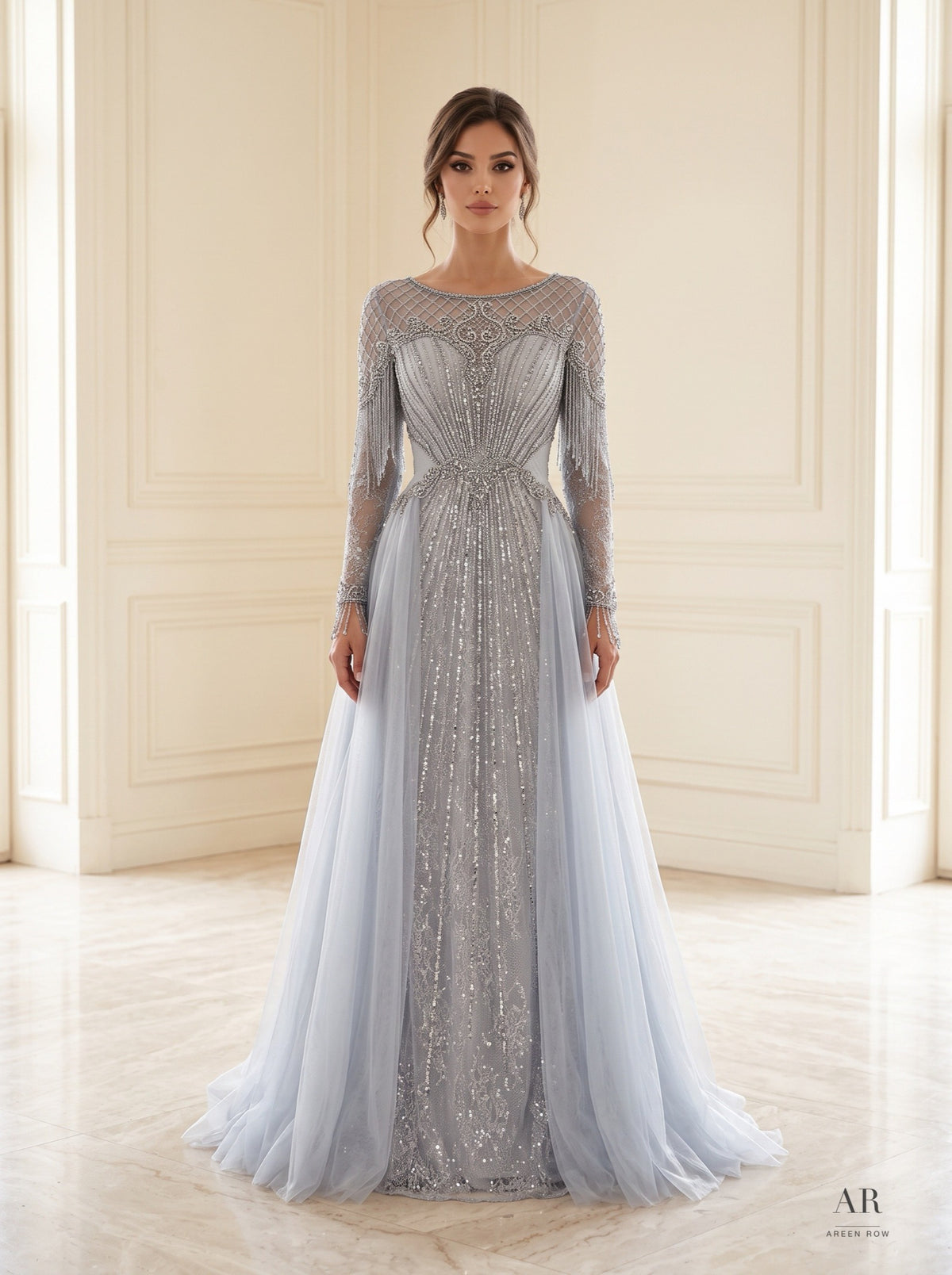 Zinnia sky blue fringe-sleeve beaded a-line evening gown by Areen Row