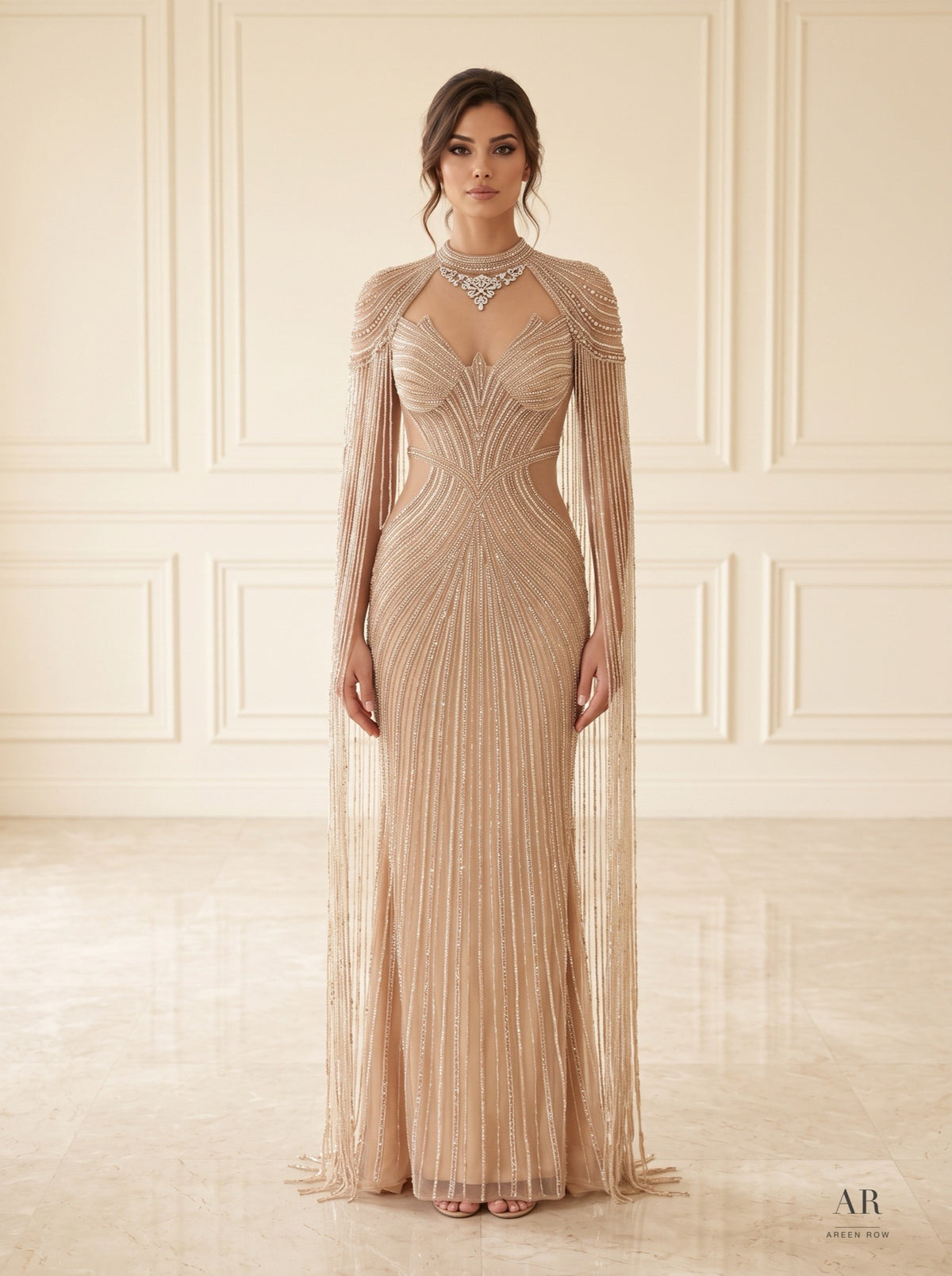 Zoya champagne beaded illusion trumpet with fringe cape evening gown by Areen Row