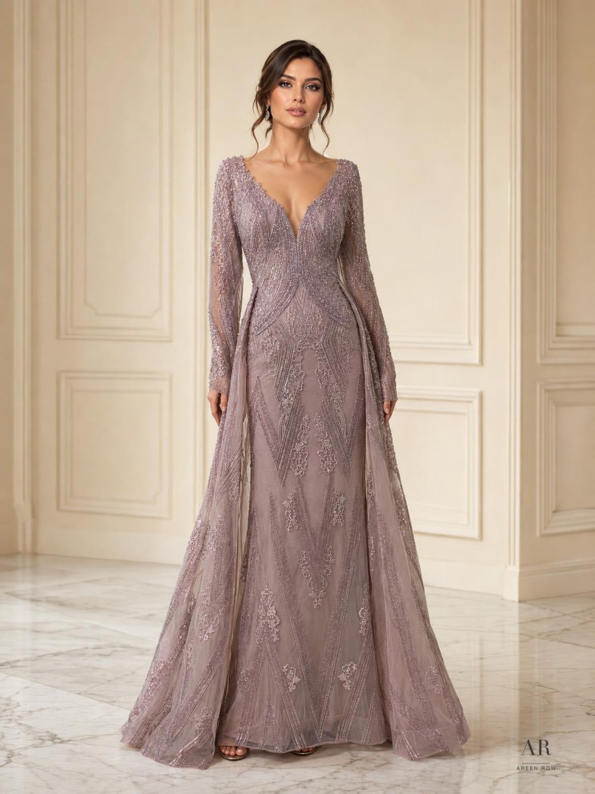Zuleika dusty lilac beaded illusion overlay column evening gown by Areen Row