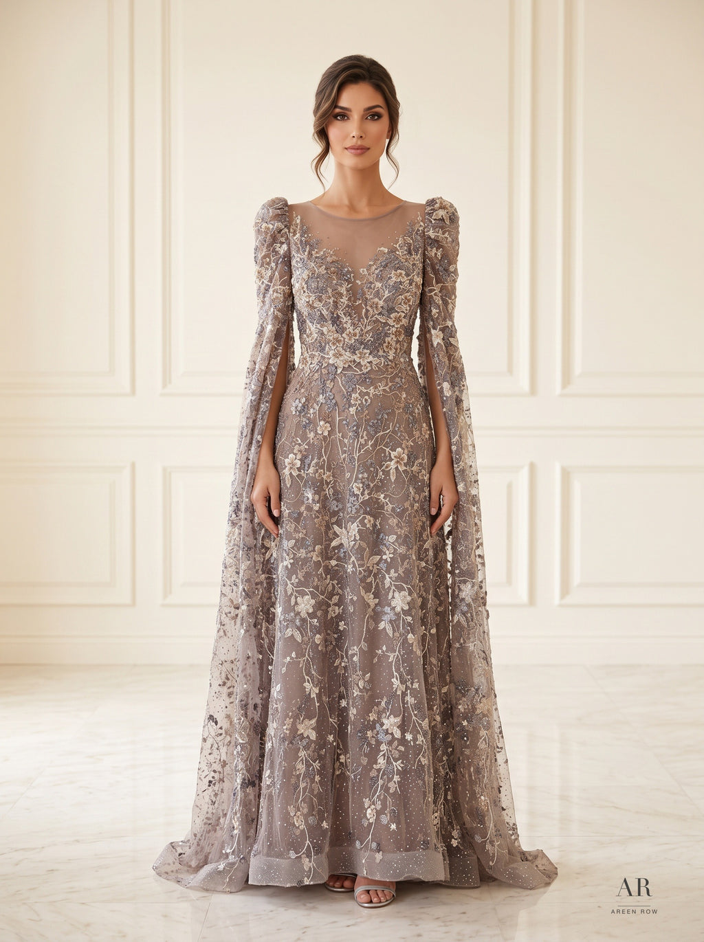 Florenza taupe floral embroidered cape-sleeve mother of the bride gown by Areen Row, front view