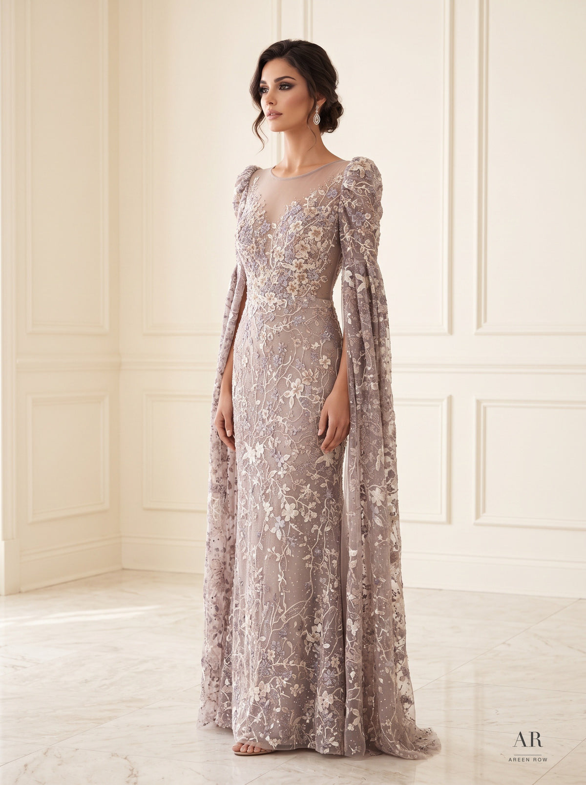 Florenza taupe floral embroidered cape-sleeve mother of the bride gown by Areen Row, detail view
