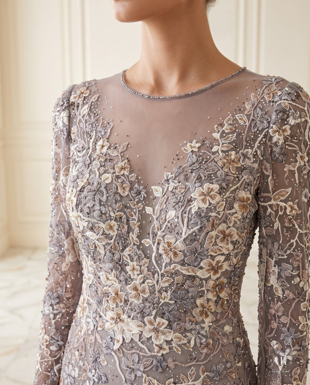 Florenza taupe floral embroidered cape-sleeve mother of the bride gown by Areen Row, view 3