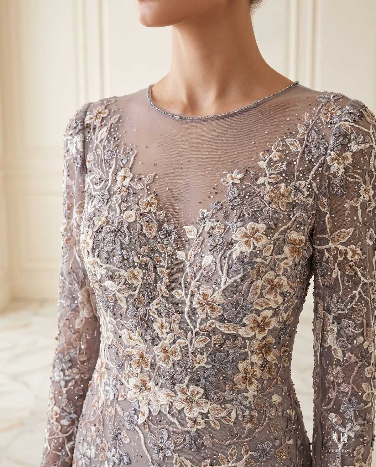 Florenza taupe floral embroidered cape-sleeve mother of the bride gown by Areen Row, view 3