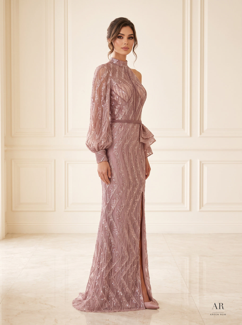 Odalie rose sequin one-sleeve evening gown by Areen Row, detail view