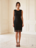 Noor Dress charcoal beaded grid cocktail sheath cocktail dress by Areen Row, front view